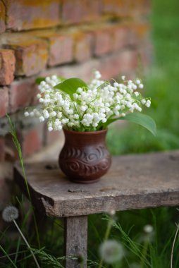 Durgun yaşam. Vadideki zambak buketinin fotoğrafı..