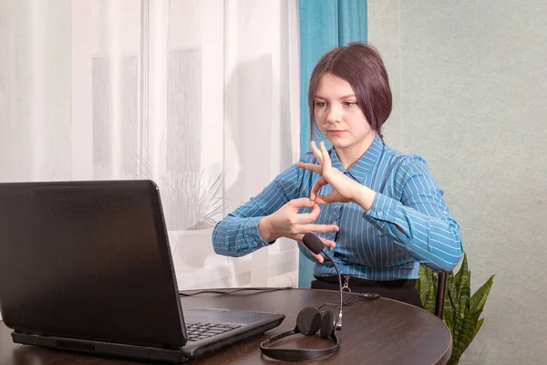 Teenage Girl Sits Front Her Laptop Learning Sign Language Language Royalty Free Stock Photos