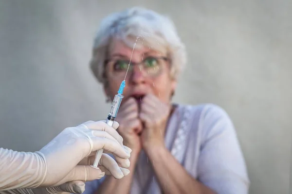 Hands Medical Gloves Holding Syringe Preparing Vaccination Background Elderly Woman Stock Image