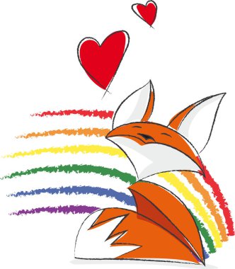 Küçük ve şirin resimli tilki. Tilki parlak renkleri olan bir vektör. Tilki kalplere ve gökkuşağı renklerine aşık.