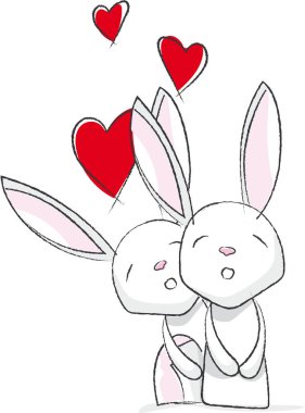 Küçük ve sevimli resimli bir çift tavşan. Parlak renkli tavşanlar. Kalplere aşık tavşanlar