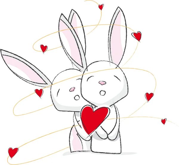 一对小巧可爱的兔子 用色彩艳丽的矢量制成的兔子 兔子爱上了心和彩虹的颜色 — 图库矢量图片