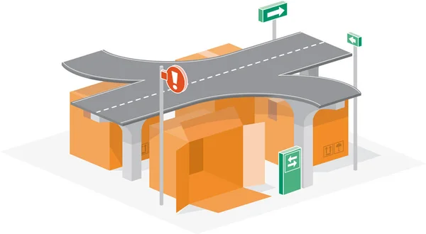 Kutulardan oluşan küçük bir kasaba. Kutular ve tabelalardan yapılmış şehir ambalajı. Kutular şehrinin ortasında yol, otoyol ve tabelaların vektör illüstrasyonu.