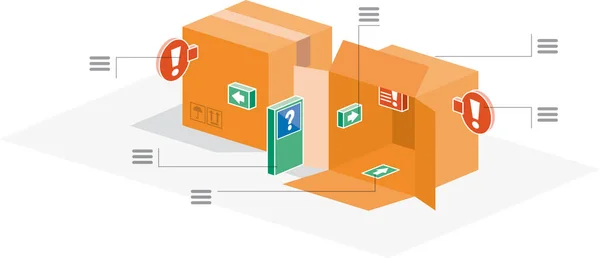 Kutulardan oluşan küçük bir kasaba. Kutular ve tabelalardan yapılmış şehir ambalajı. Kutular şehrinin ortasında yol, otoyol ve tabelaların vektör illüstrasyonu.
