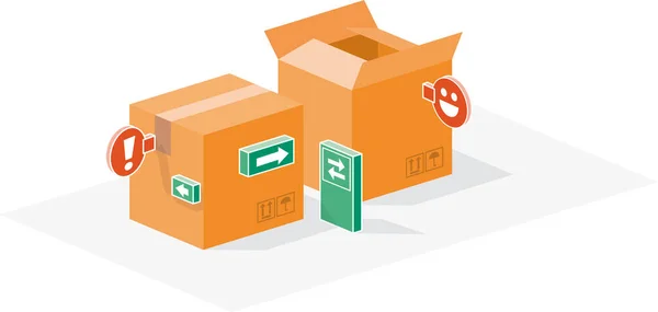 Kutulardan oluşan küçük bir kasaba. Kutular ve tabelalardan yapılmış şehir ambalajı. Kutular şehrinin ortasında yol, otoyol ve tabelaların vektör illüstrasyonu.