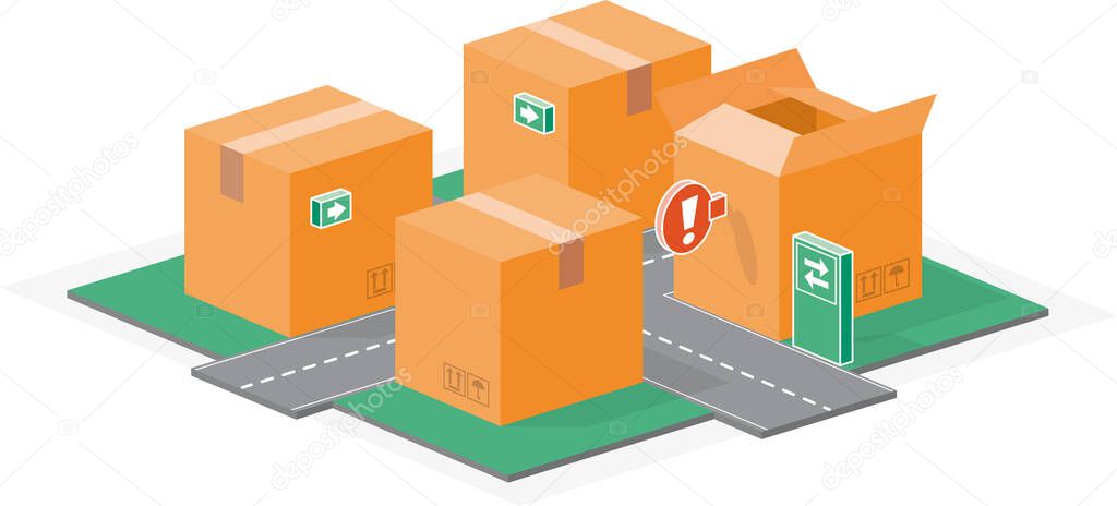 Small town of boxes. Urban packaging made with boxes and signs. Vector illustration of roads, highways and signs in the middle of the city of boxes.