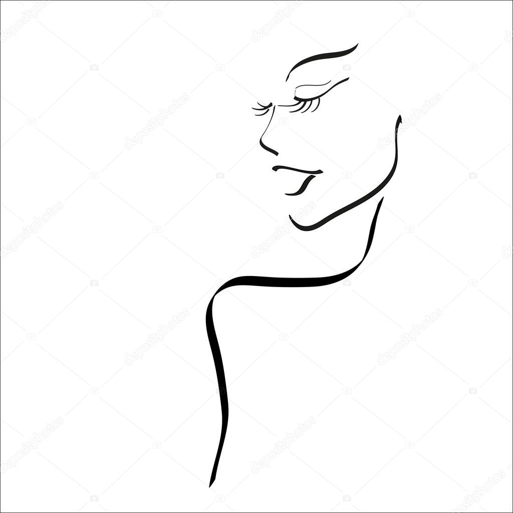 profile of a girl. Vector line art drawing. Logo beauty salon. Illustration isolated white background.