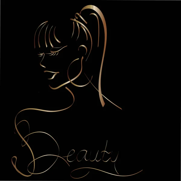 Perfil de una chica de oro contorno dibujo lineal. Logo salón de belleza, Spa, masaje, maquillaje, peluquería. Ilustración vectorial fondo negro aislado. espacio vacío para el texto. — Vector de stock