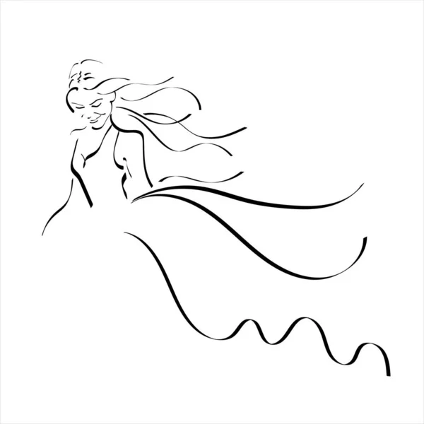 The image of a romantic girl in a light gentle dress. vector line art illustration. — Stock Vector