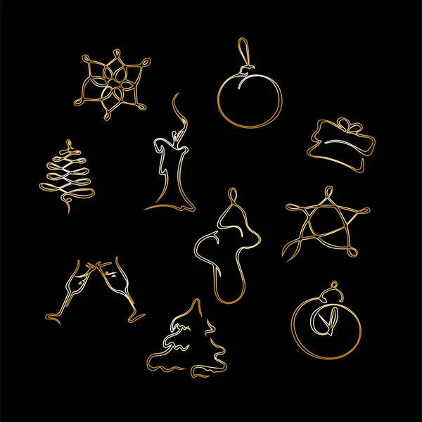 Χριστουγεννιάτικα στολίδια. Χριστουγεννιάτικα δώρα, Χριστουγεννιάτικα παιχνίδια, νιφάδες χιονιού, αστέρια. Εικονογράφηση διάνυσμα γραμμή τέχνης με ένα χρυσό περίγραμμα σε μαύρο φόντο. — Διανυσματικό Αρχείο