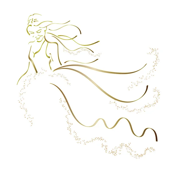 A imagem de uma menina romântica em um vestido de ouro suave luz. ilustração de arte de linha vetorial. noiva em vestido de noiva — Vetor de Stock