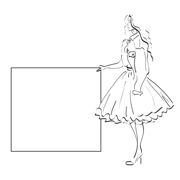Flicka med ett tecken för texten. vektor kontur illustration av en kvinnlig figur. tomt utrymme. Bild banner för reklam kläder. den unga kvinnan kastade sin jacka över axlarna. — Stock vektor