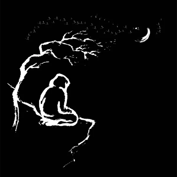 A man sits on the edge at the top of a mountain. The tourist traveler climbed to the top. The man backs in the wind. Line art on a black background. — Stock Vector