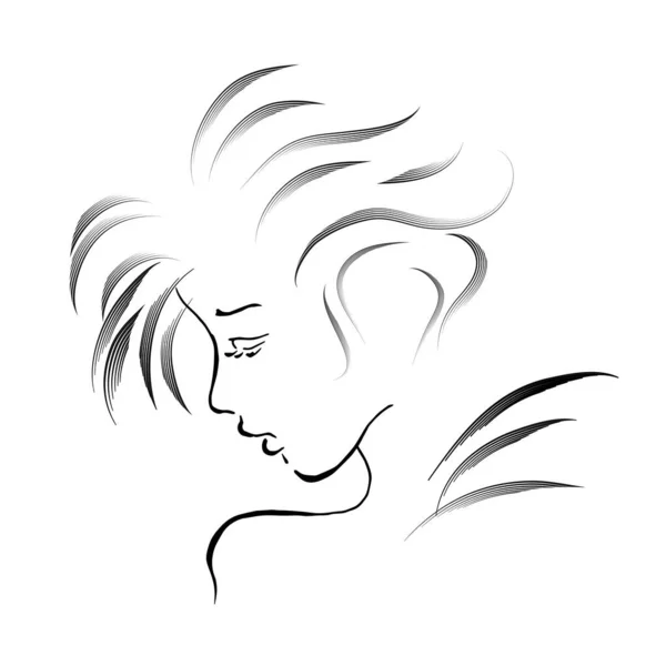En vacker ung flickas ansikte. Snygg kvinnlig frisyr. Vektor linje konst illustration. Ritning av en reklambanderoll för frisörsörsalong. — Stock vektor