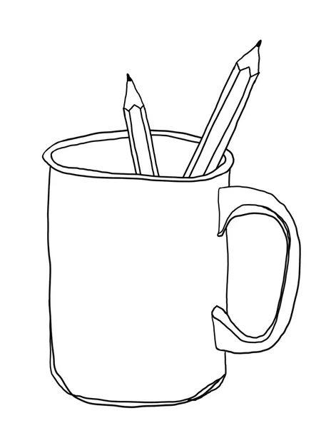 잔 석기 찻잔 및 연필 귀여운 라인 아트 그림 — 스톡 사진