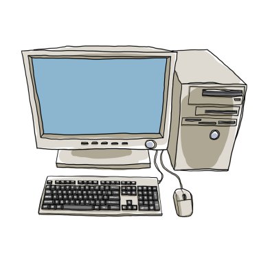 Masaüstü bilgisayar el şirin illüstrasyon resim çizilmiş sanat