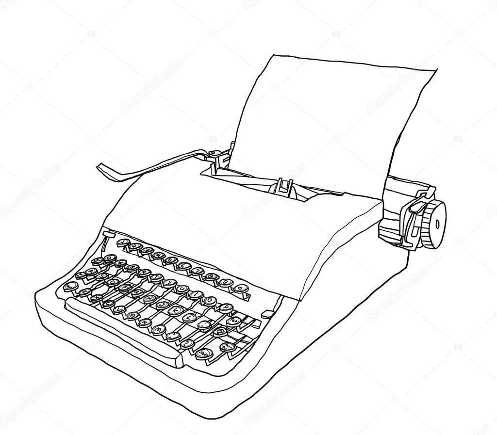yellow Typewriter vintage line art painting  cute illustration