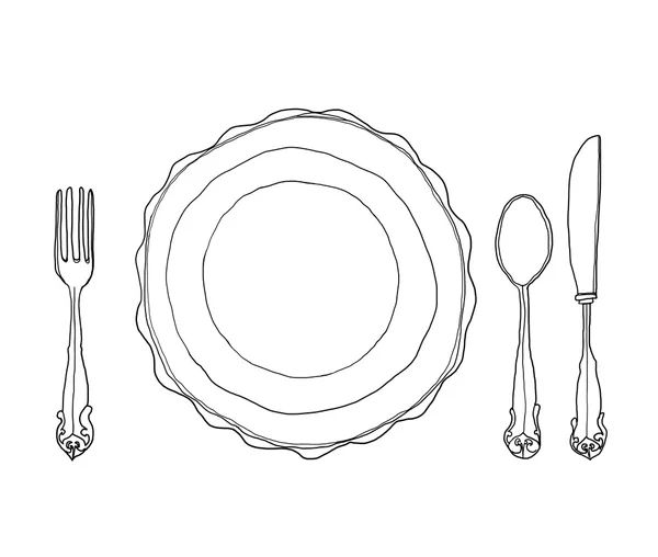 Εκλεκτής ποιότητας πιάτο πλάκα πιρούνι και κουτάλι χέρι χαραγμένης γραμμής εικονογράφο χαριτωμένο τέχνη — Φωτογραφία Αρχείου
