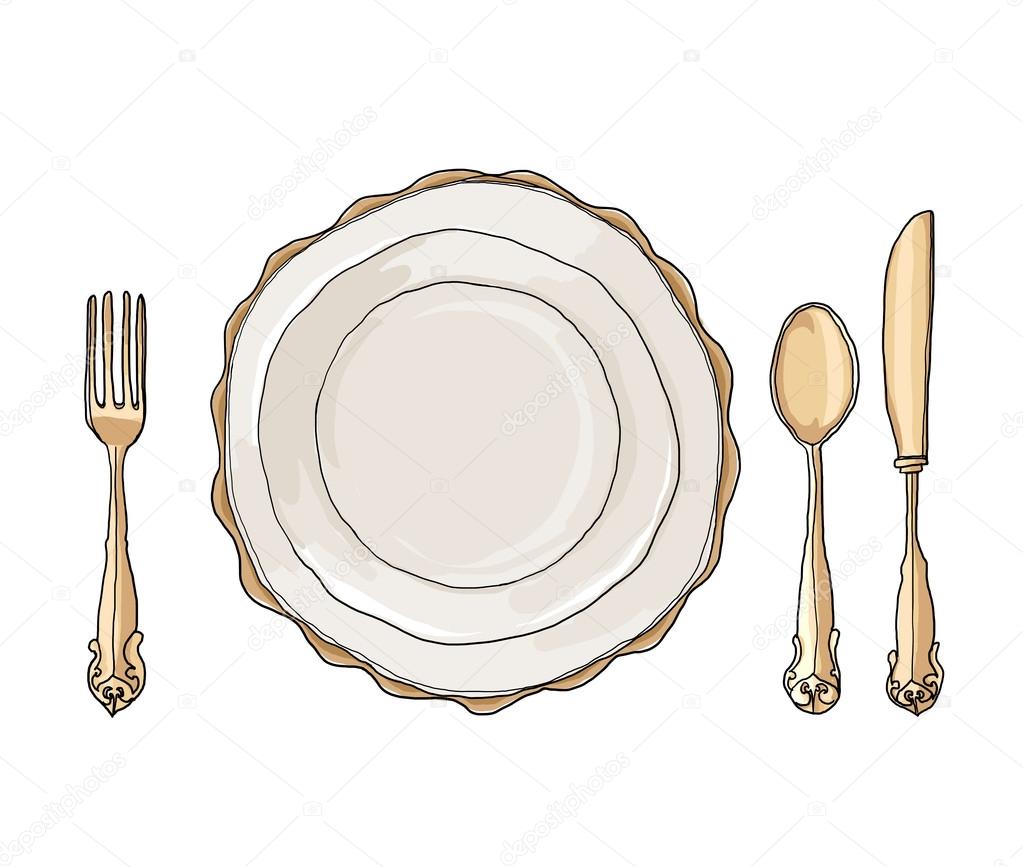 vintage dish plate fork and spoon hand drawn art cute illustrati