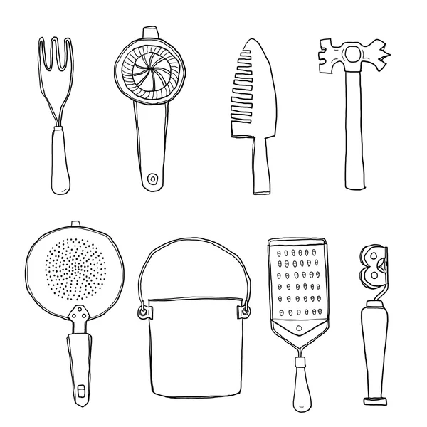 Vintage utensili da cucina disegnato a mano linea arte carino illustrazione — Foto Stock