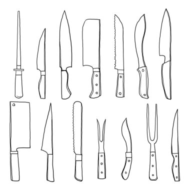 bıçak mutfak araçları elle çizilmiş sevimli çizgi sanat illüstrasyon ayarlar.