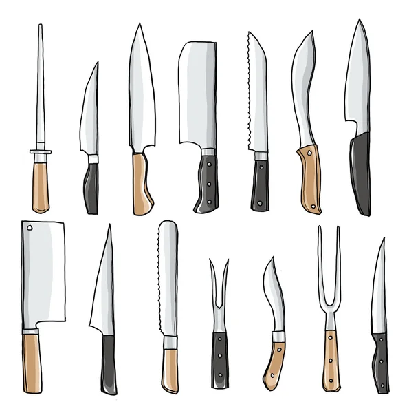 Knife sets kitchen tools hand drawn cute art illustration — Stock Photo, Image
