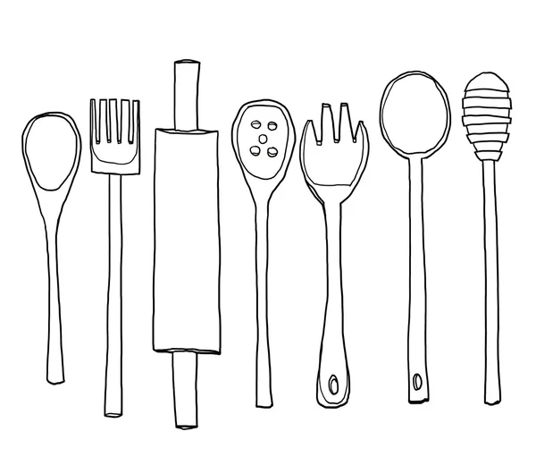 Zestaw drewniane kuchnia naczynia ręcznie rysowane linii art ładny illustra — Zdjęcie stockowe