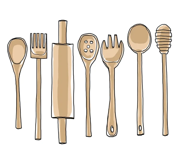 Zestaw drewniane kuchnia naczynia ręcznie rysowane Ładna ilustracja — Zdjęcie stockowe