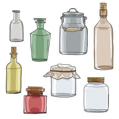 elle çizilmiş boş kavanozlar ve şişeler vintage sanat sevimli illus kümesi