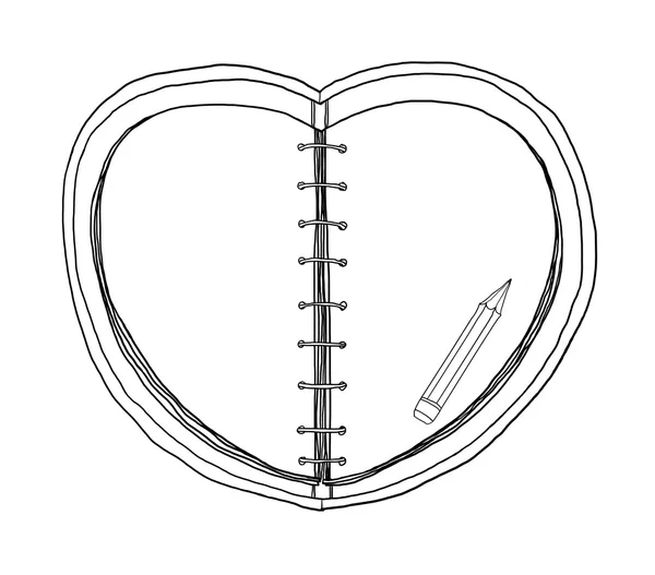 Notebook-uri Forma inimii și creion de mână desenate pe fundal alb — Fotografie, imagine de stoc