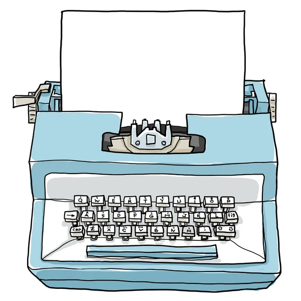 Azul máquina de escrever brinquedo vintage com papel bonito mão desenhada illus arte — Fotografia de Stock