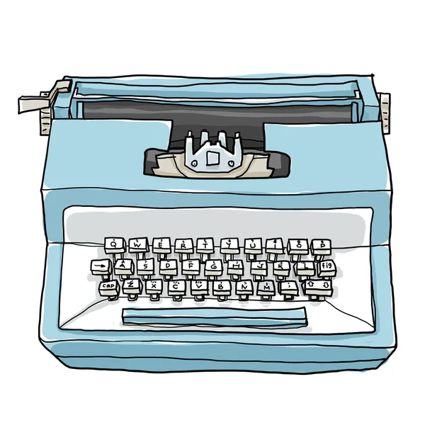 Azul máquina de escrever brinquedo vintage bonito mão desenhada arte ilustração — Fotografia de Stock
