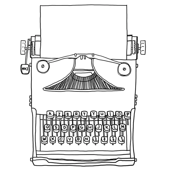 Blå gammal skrivmaskin med papper hand dras söta line art illustr — Stockfoto