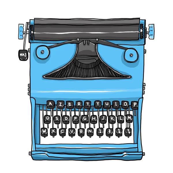 蓝色旧打字机手绘可爱插画 — 图库照片