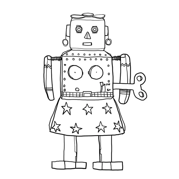 金星 Retrotin 玩具机器人手绘可爱线条艺术插图 — 图库照片