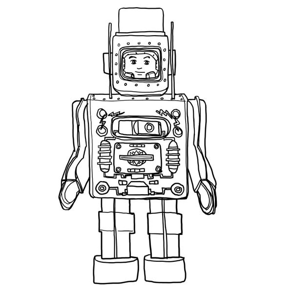 老式锡 & 塑料玩具机器人手绘可爱线艺术这 — 图库照片