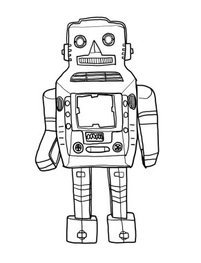 Sevimli çizgi sanat illustratio mekanik Robot vintagetoy el çekilmiş