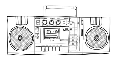 Stereo Boombox radyo Vintage handdrawn lineart illüstrasyon
