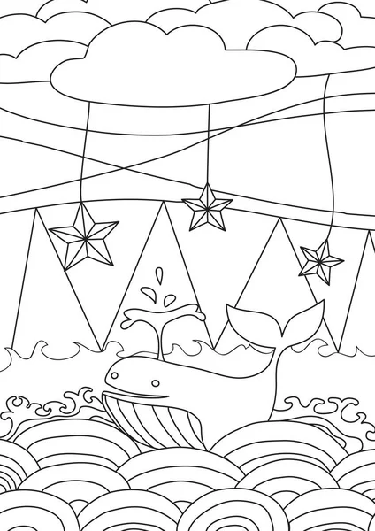 ぬり絵 海とクジラの可愛い線画ベクトルイラストA4 — ストックベクタ