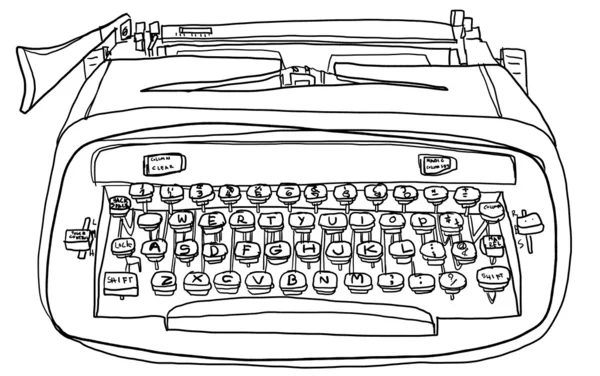 蓝色的打字机可爱的复古线条艺术 — 图库照片