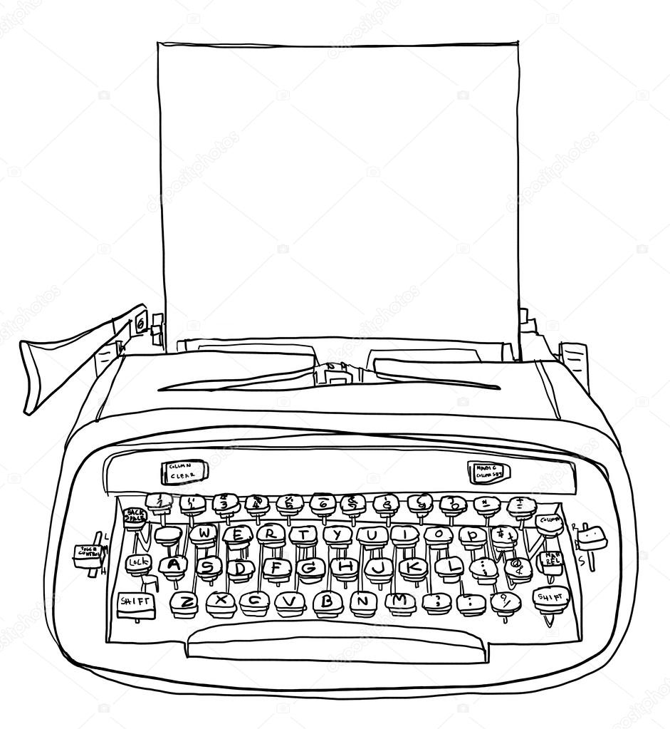 Blue Typewriter cute with paper vintage line art and painting Stock