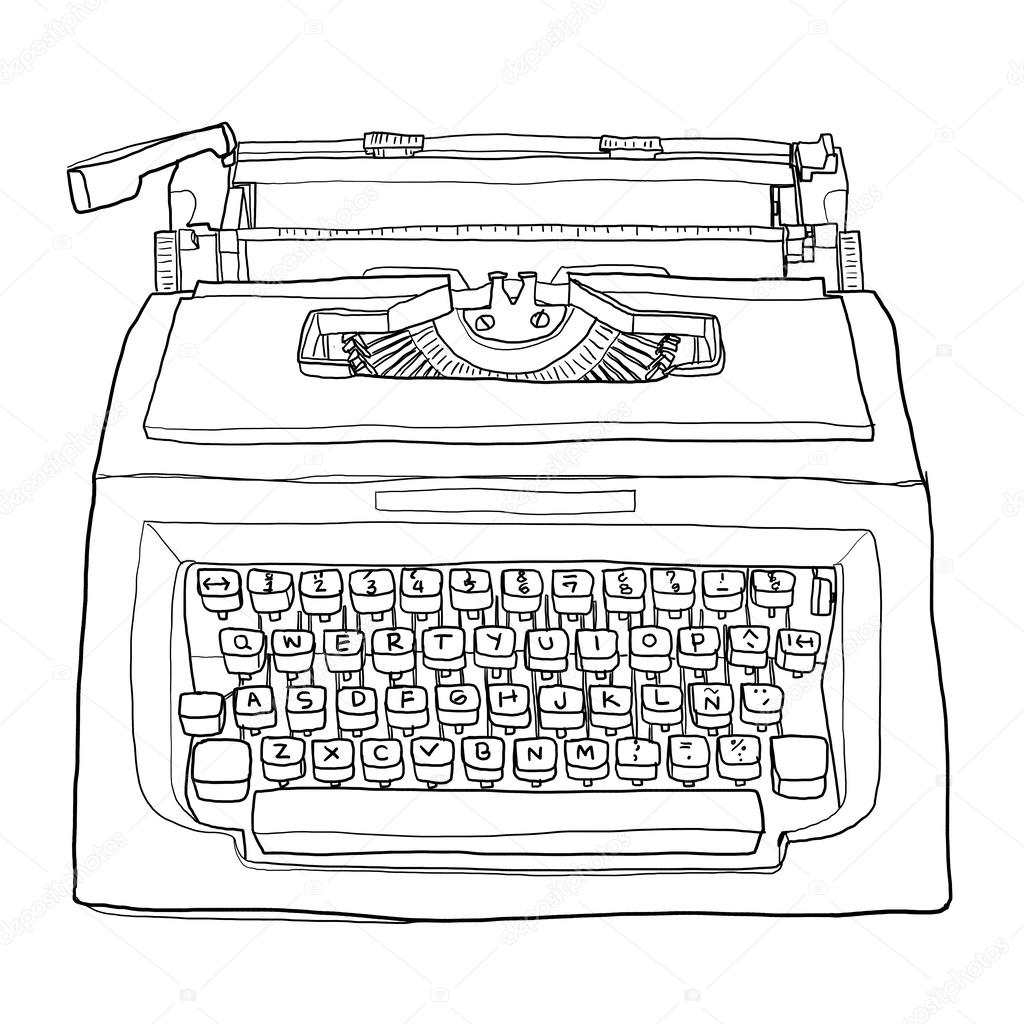 red vintage typewriter cute line art painting  illustration
