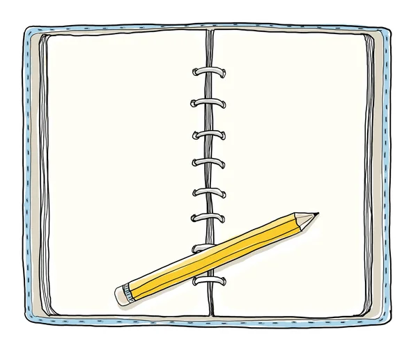 Caderno azul e lápis amarelo vintage bonito mão desenhada — Fotografia de Stock