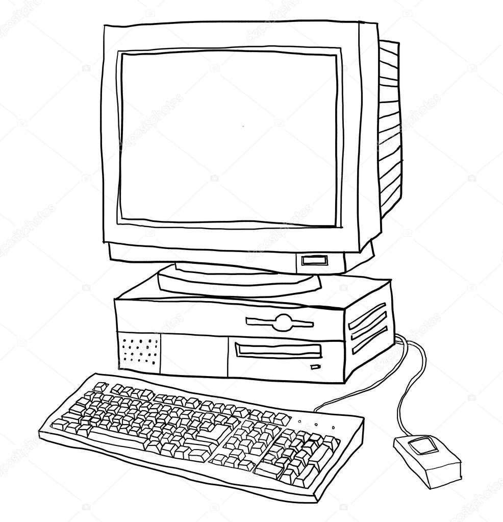Old Computer Desktop Cute Line Art Illustration Stock Photo