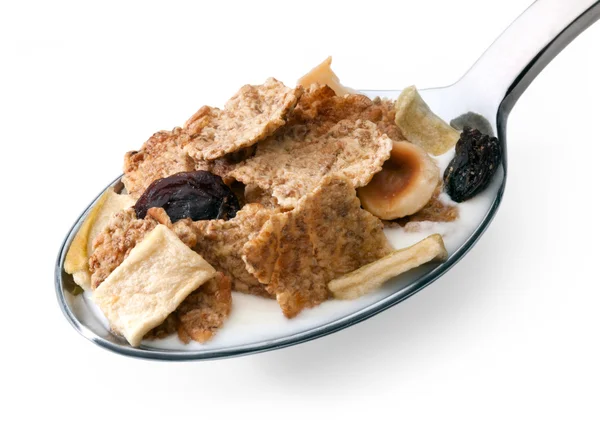 Muesli con frutas en primer plano cuchara de yogur aislado en bac blanco —  Fotos de Stock