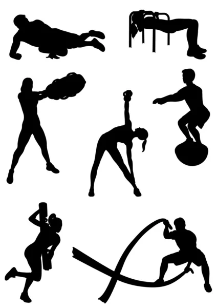 Siluetas de personas que practican Fitness Funcional — Vector de stock