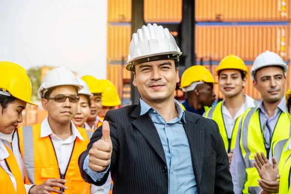 Equipe Profissional Engenharia Trabalhador Felicitou Sucesso Aplaudindo Seu Líder Após — Fotografia de Stock