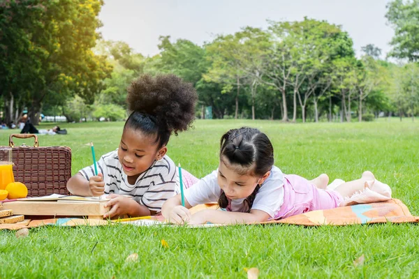 Dos Niña Africana Americana Mintiendo Dibujando Con Lápices Colores Parque — Foto de Stock