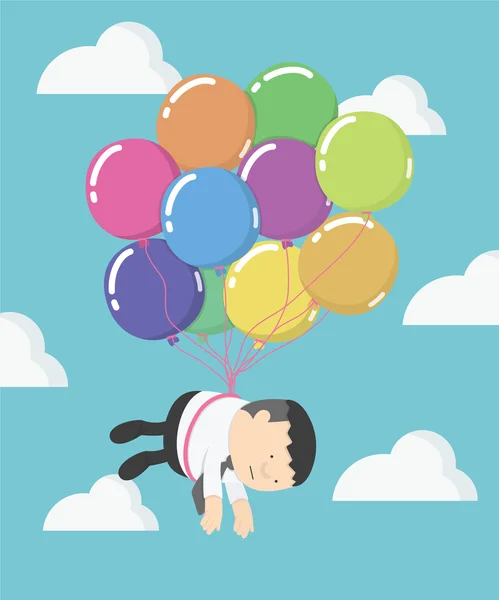 Affärsman flyga på ballonger molnen med vacker blå himmel — Stock vektor