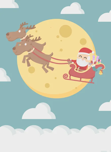 Santa Claus con renos vuela sobre la nube y la luna — Vector de stock